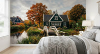 Bedroom styled autumn canal mural with colorful foliage and cottage view