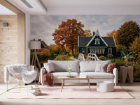Living room decor with Dutch canal wall mural and autumn trees reflection