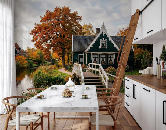Dutch canal wall mural with autumn trees and reflective water scenery