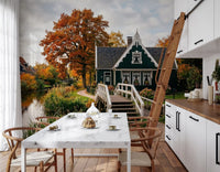 Dutch canal wall mural with autumn trees and reflective water scenery