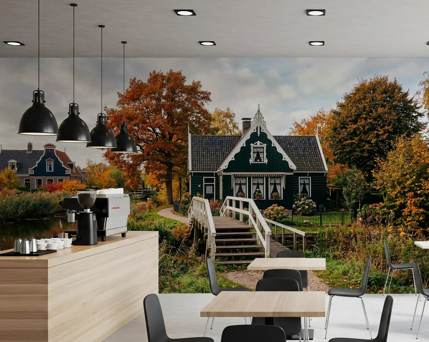 Nature landscape wall mural with autumn trees and waterside houses
