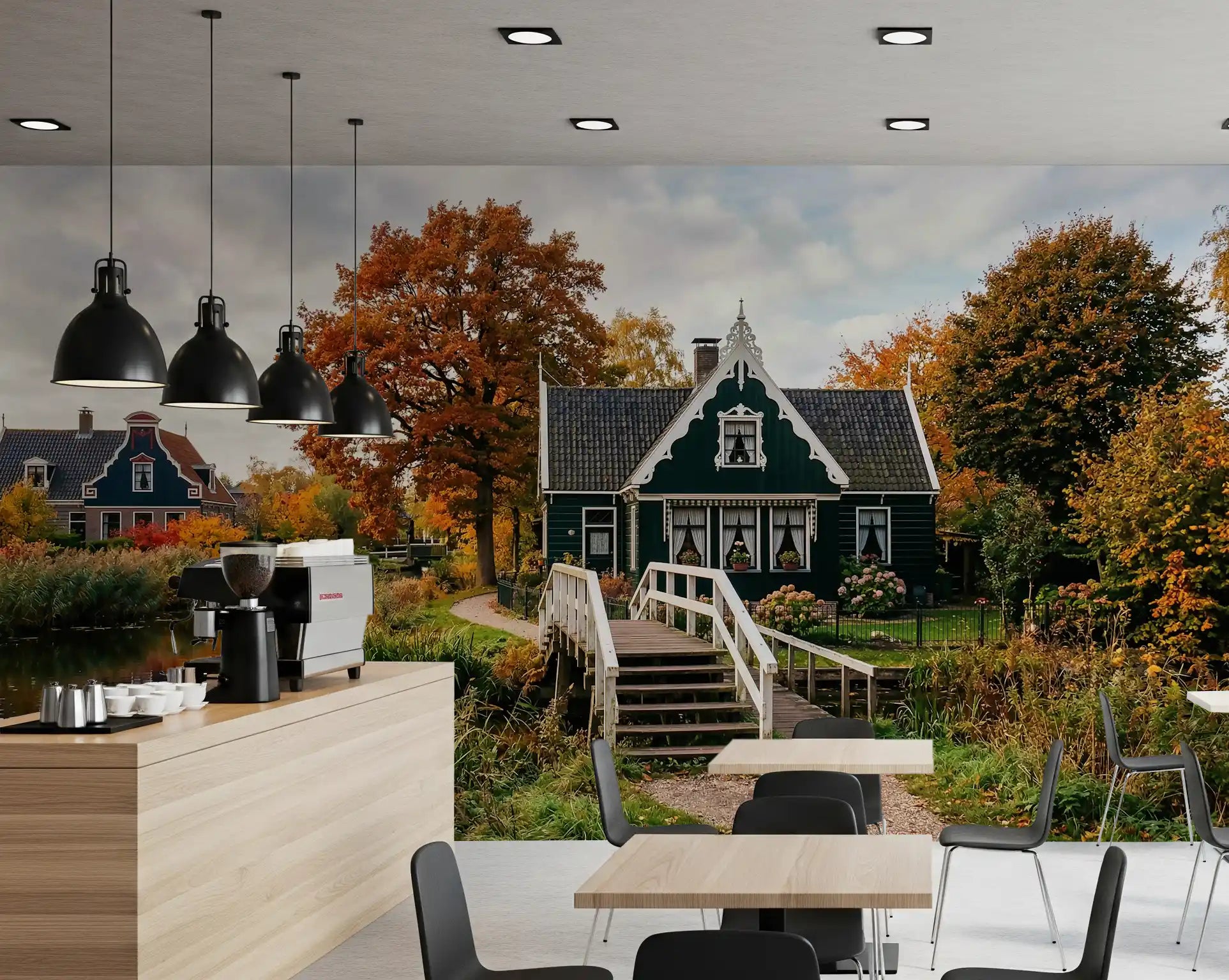 Nature landscape wall mural with autumn trees and waterside houses