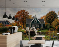 Nature landscape wall mural with autumn trees and waterside houses