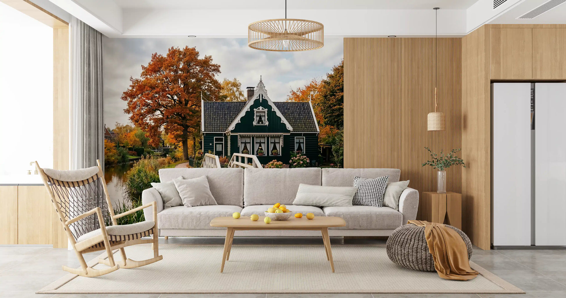 Hallway interior using Dutch village wall mural with bridge and water scene