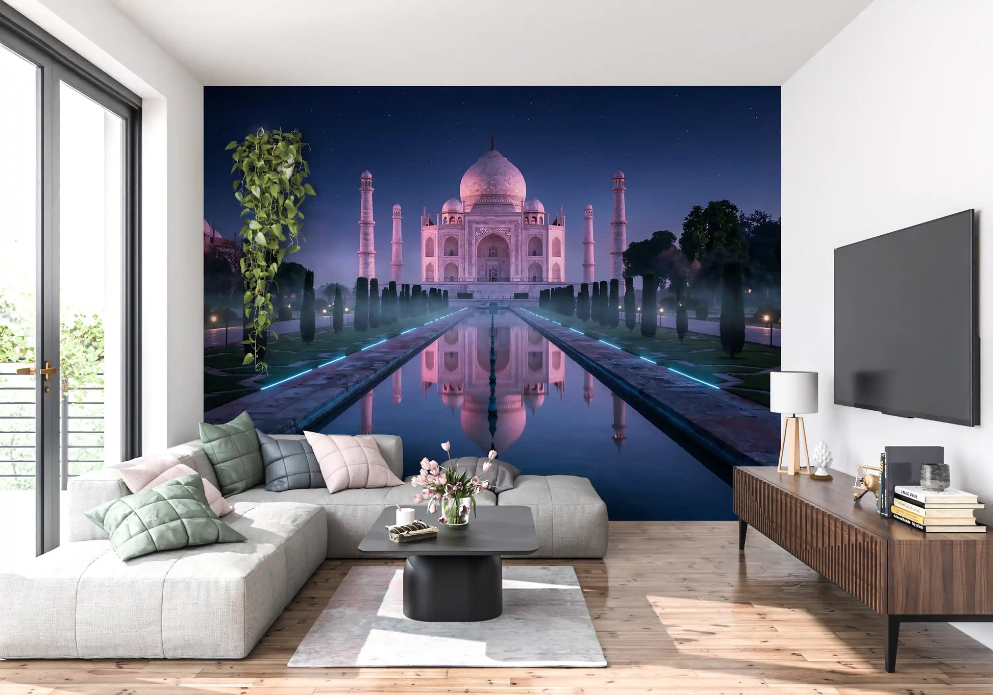 Hallway interior using India monument wall mural with night scenery