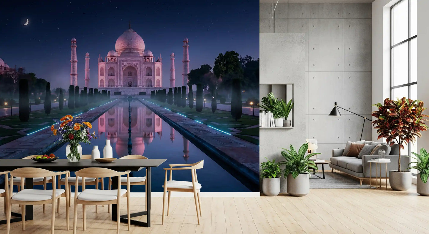Architectural wall mural with Taj Mahal structure under starry sky