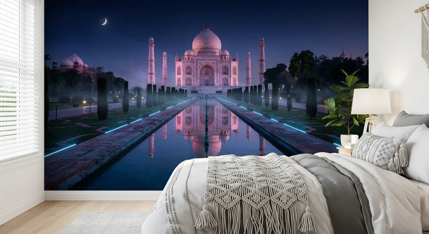 Monument wall mural with night lighting and Taj Mahal architecture detail