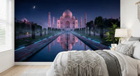 Monument wall mural with night lighting and Taj Mahal architecture detail