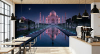 Night view wall mural with Taj Mahal reflection and calm water pathway