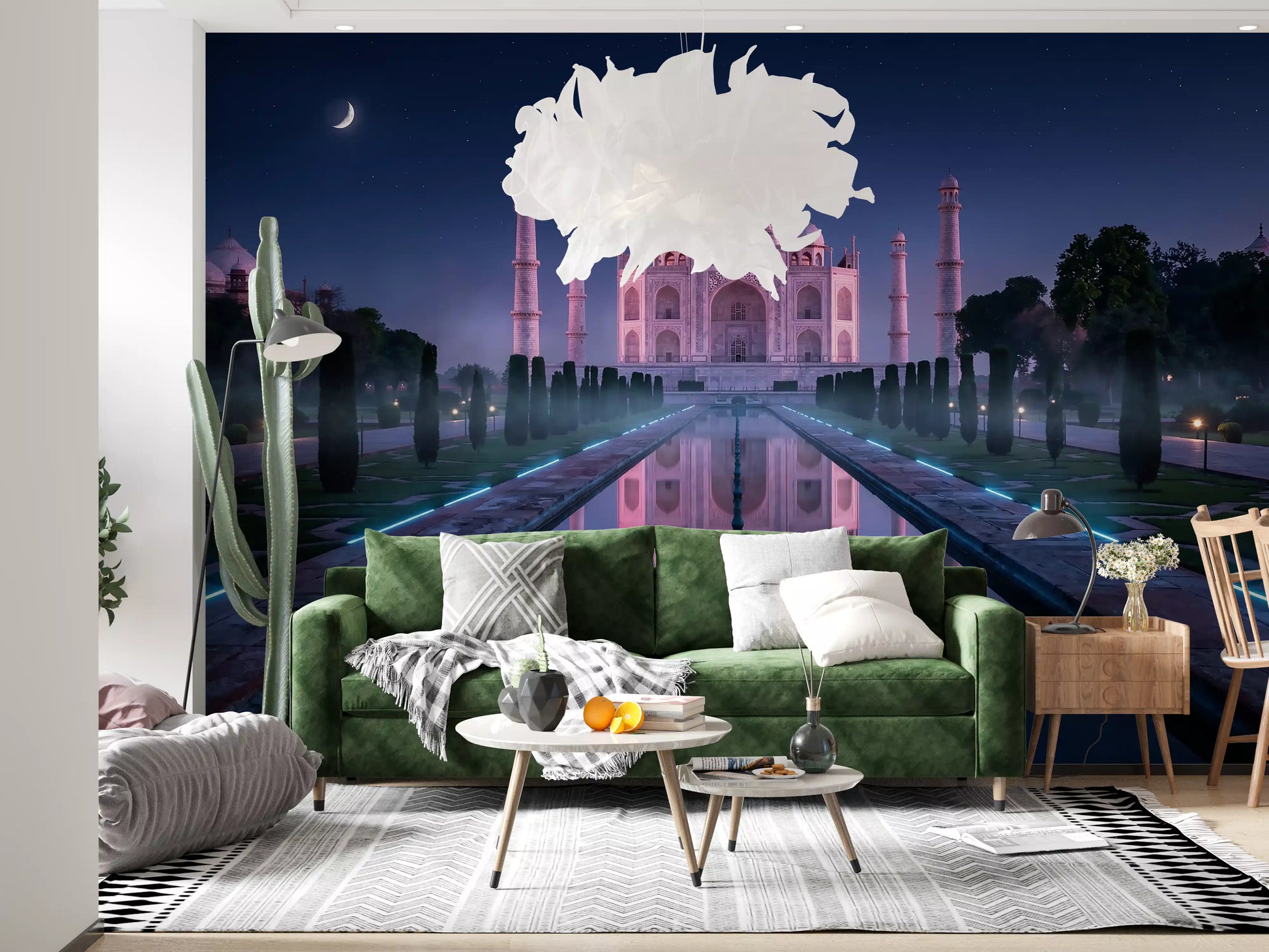 India landmark wall mural with moonlit Taj Mahal and garden symmetry