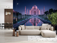 Living room decor with Taj Mahal night wall mural and reflection view