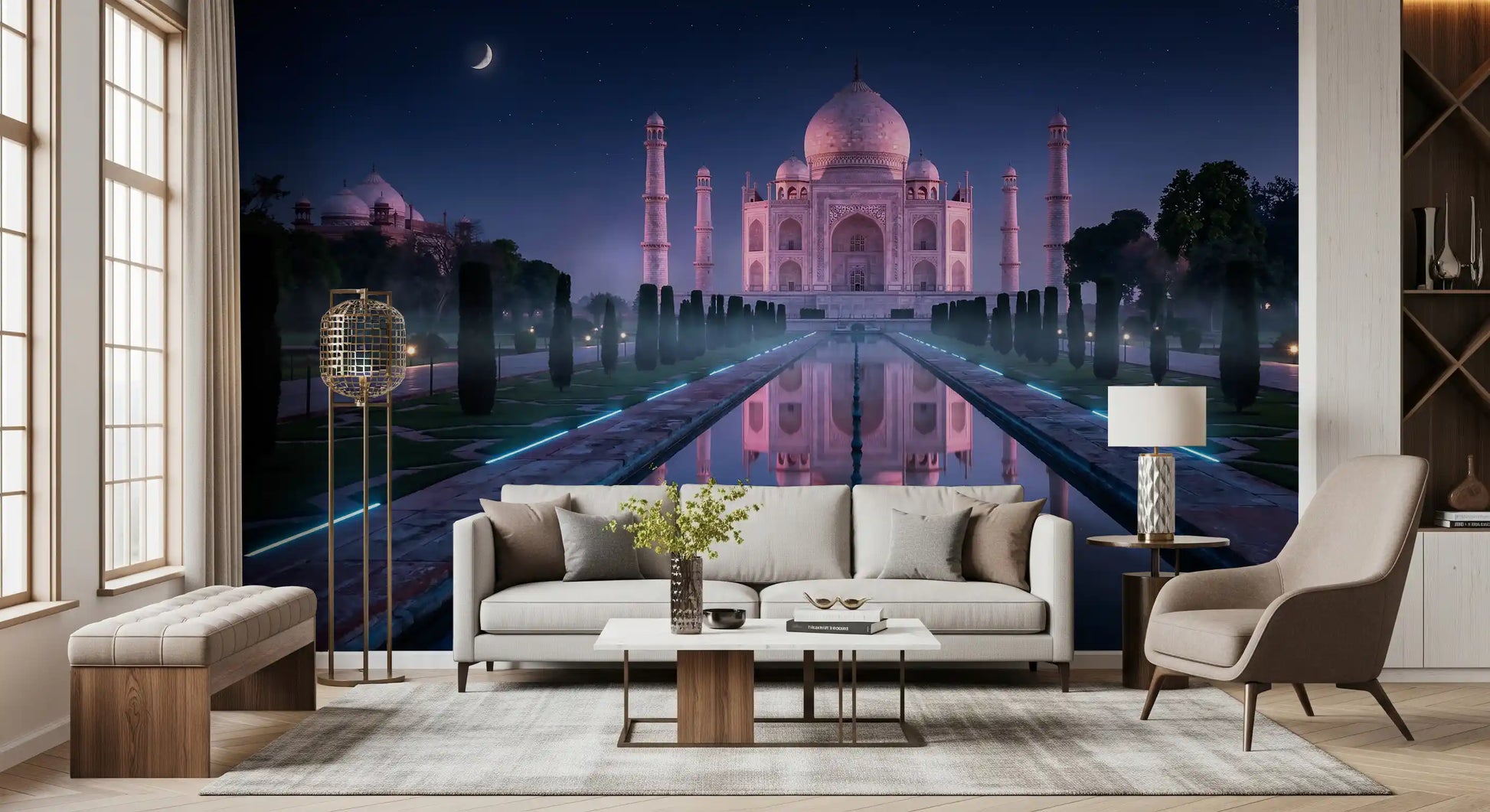 Office room setup with Taj Mahal night mural and symmetrical reflection