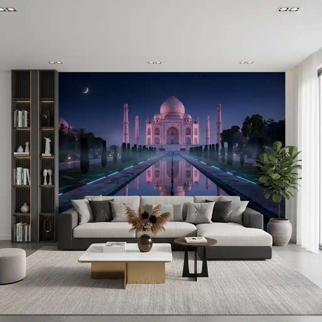Scenic wall mural with Taj Mahal and reflective water channel