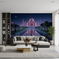 Scenic wall mural with Taj Mahal and reflective water channel