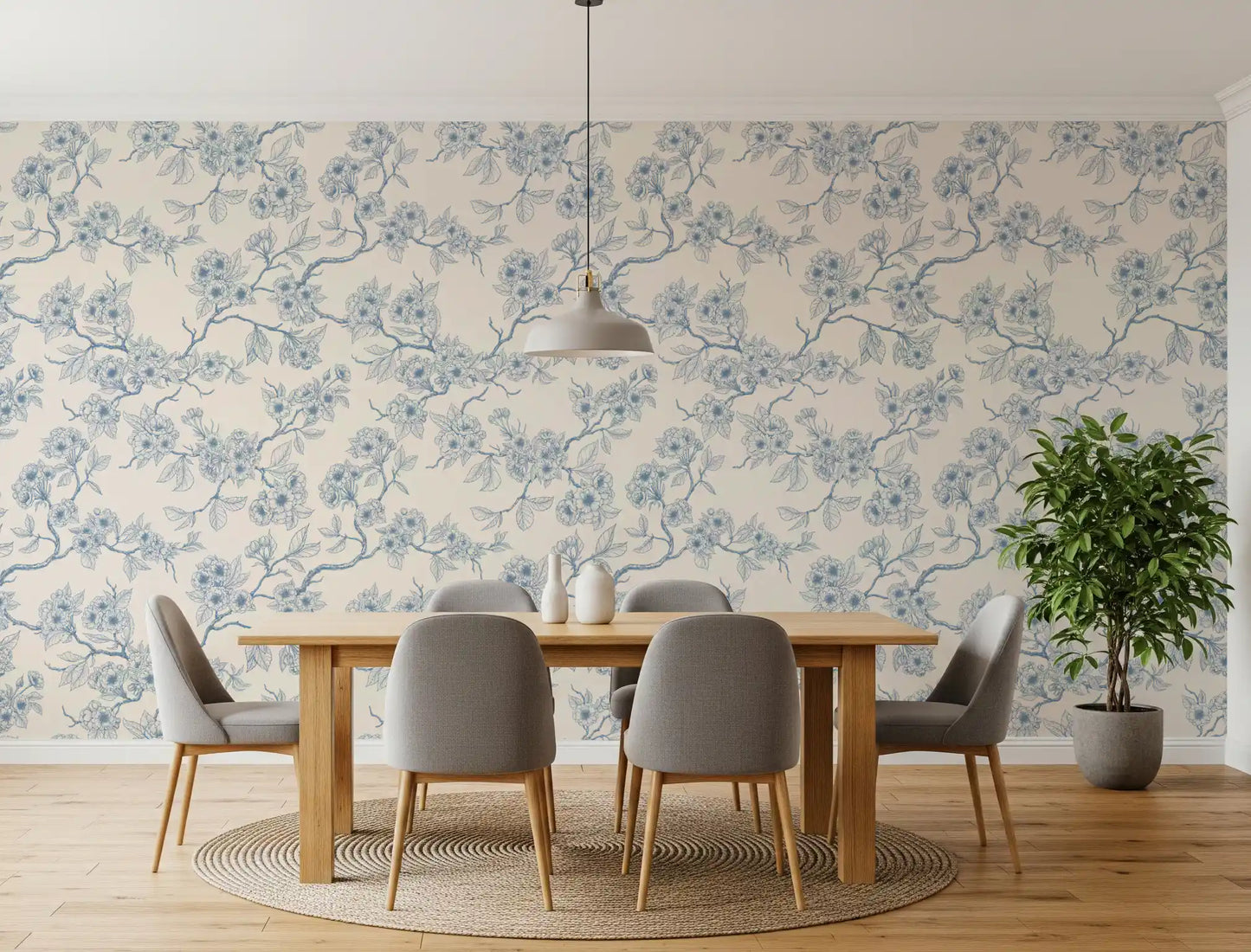 Elegant floral wallpaper with blue blossom branches and fine line texture