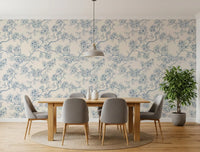 Elegant floral wallpaper with blue blossom branches and fine line texture