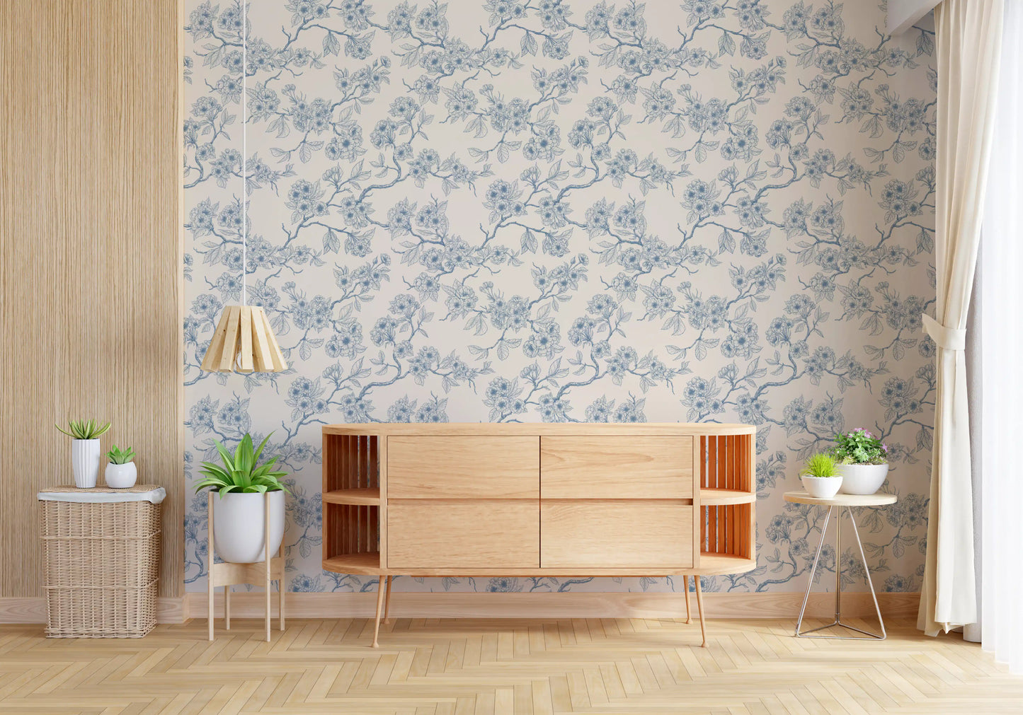 Minimal botanical wallpaper with cherry blossom sketch and neutral tones