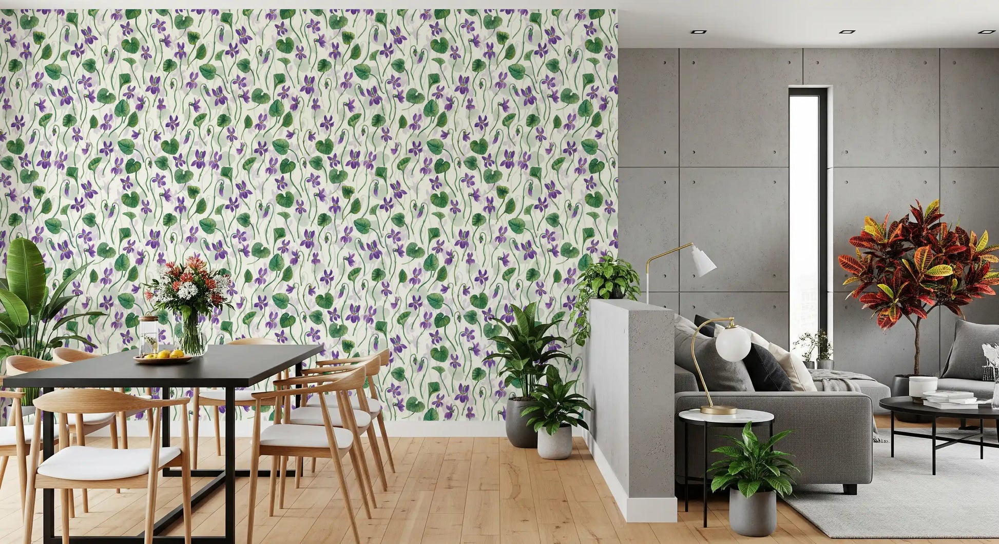 Nature inspired wallpaper with violet blossoms and light background tones