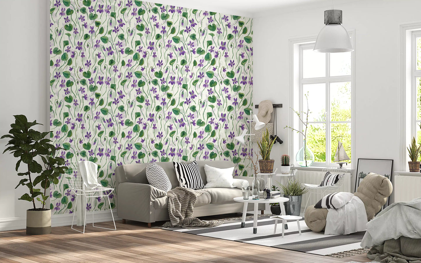 Botanical floral wallpaper with violet flowers and off white background