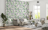 Botanical floral wallpaper with violet flowers and off white background