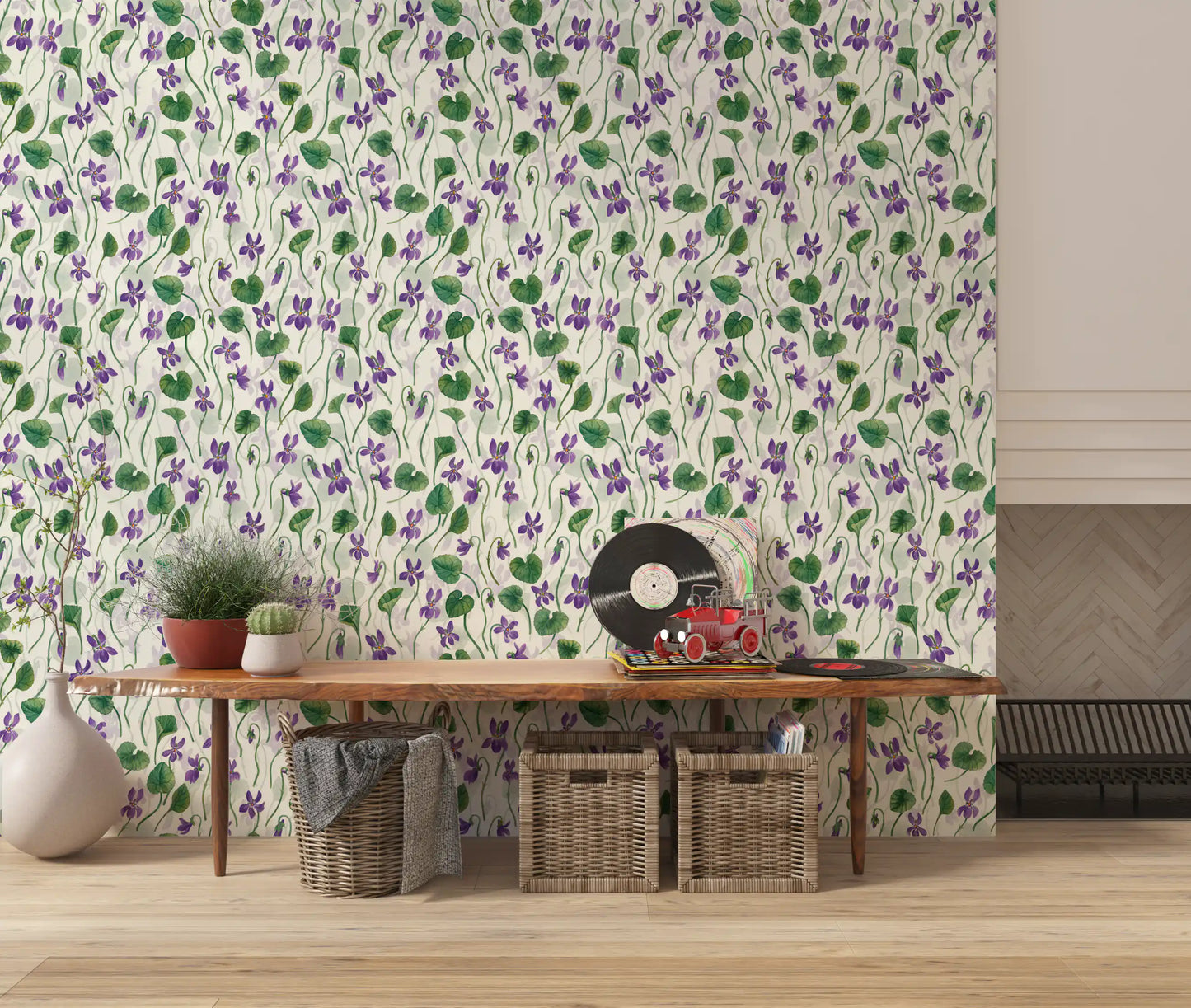 Hallway room setup with watercolor flower wallpaper and soft neutral tones