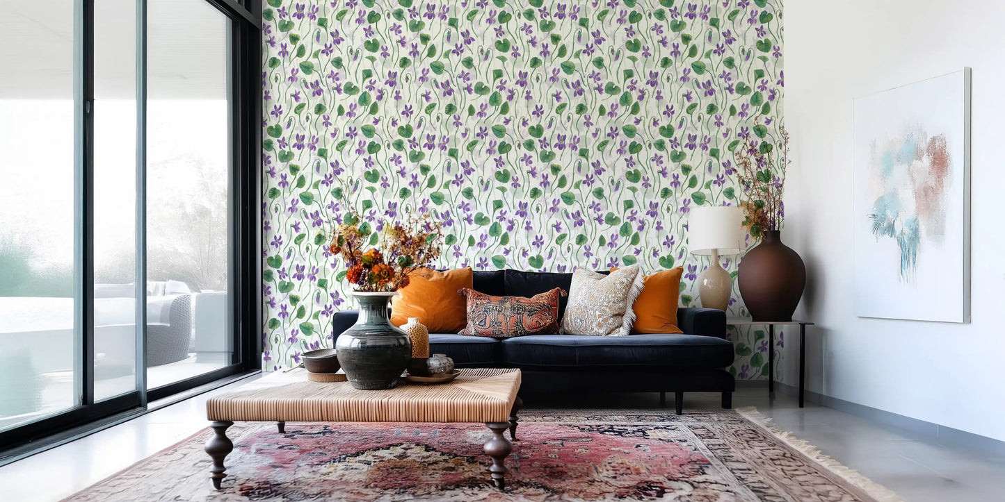 Watercolor violets wallpaper with purple blooms and green foliage pattern