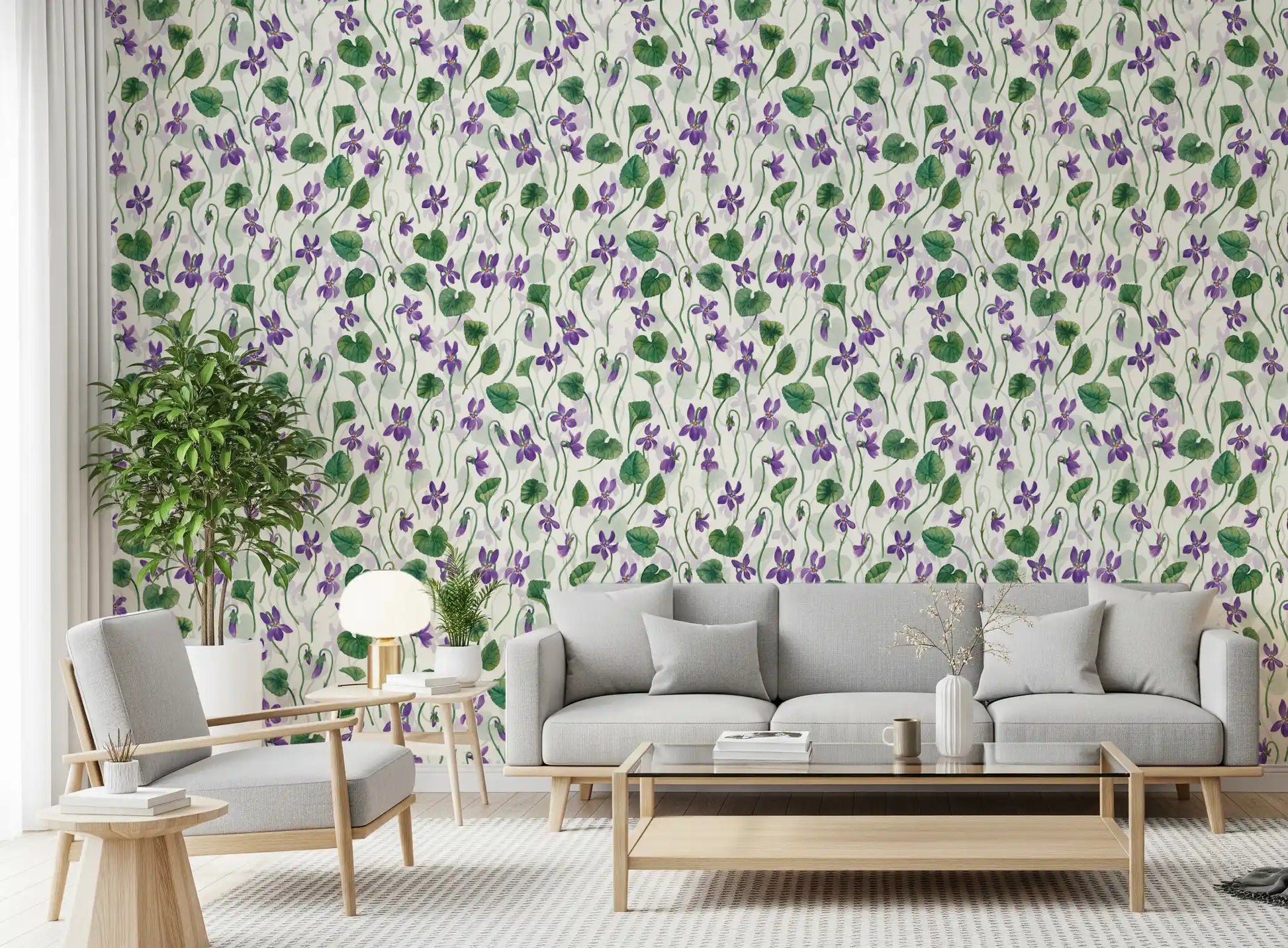Soft neutral wallpaper with watercolor violets and leaf detailing