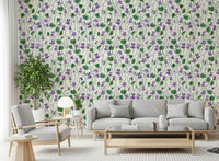 Soft neutral wallpaper with watercolor violets and leaf detailing