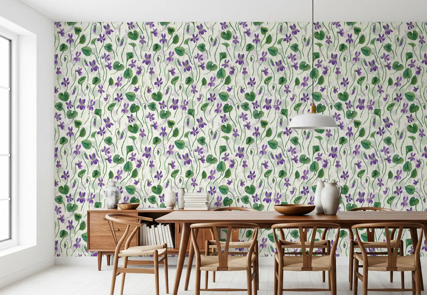 Elegant floral wallpaper with purple violets and subtle painted texture