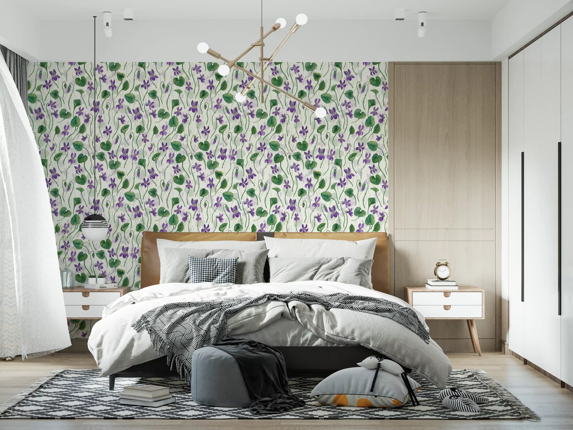 Bedroom styled violet floral wallpaper with green leaves on neutral background