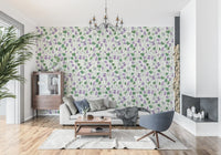 Hallway design using botanical violet wallpaper with light off white backdrop