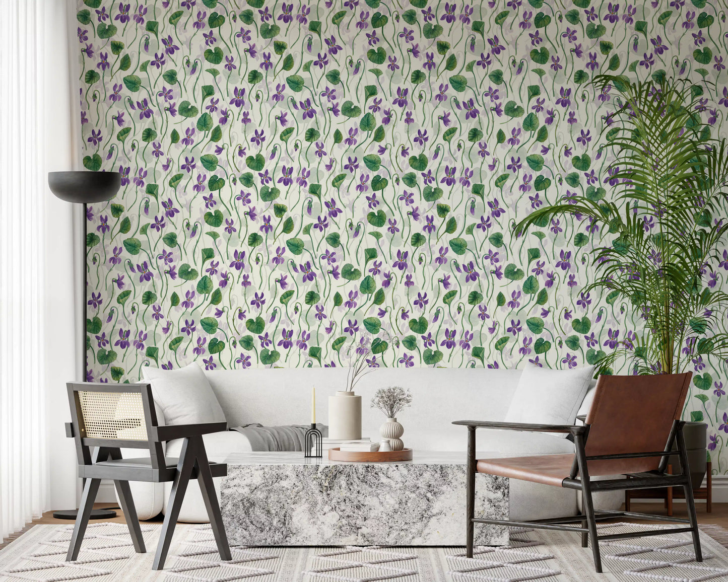 Minimal botanical wallpaper with watercolor violets and soft neutral base