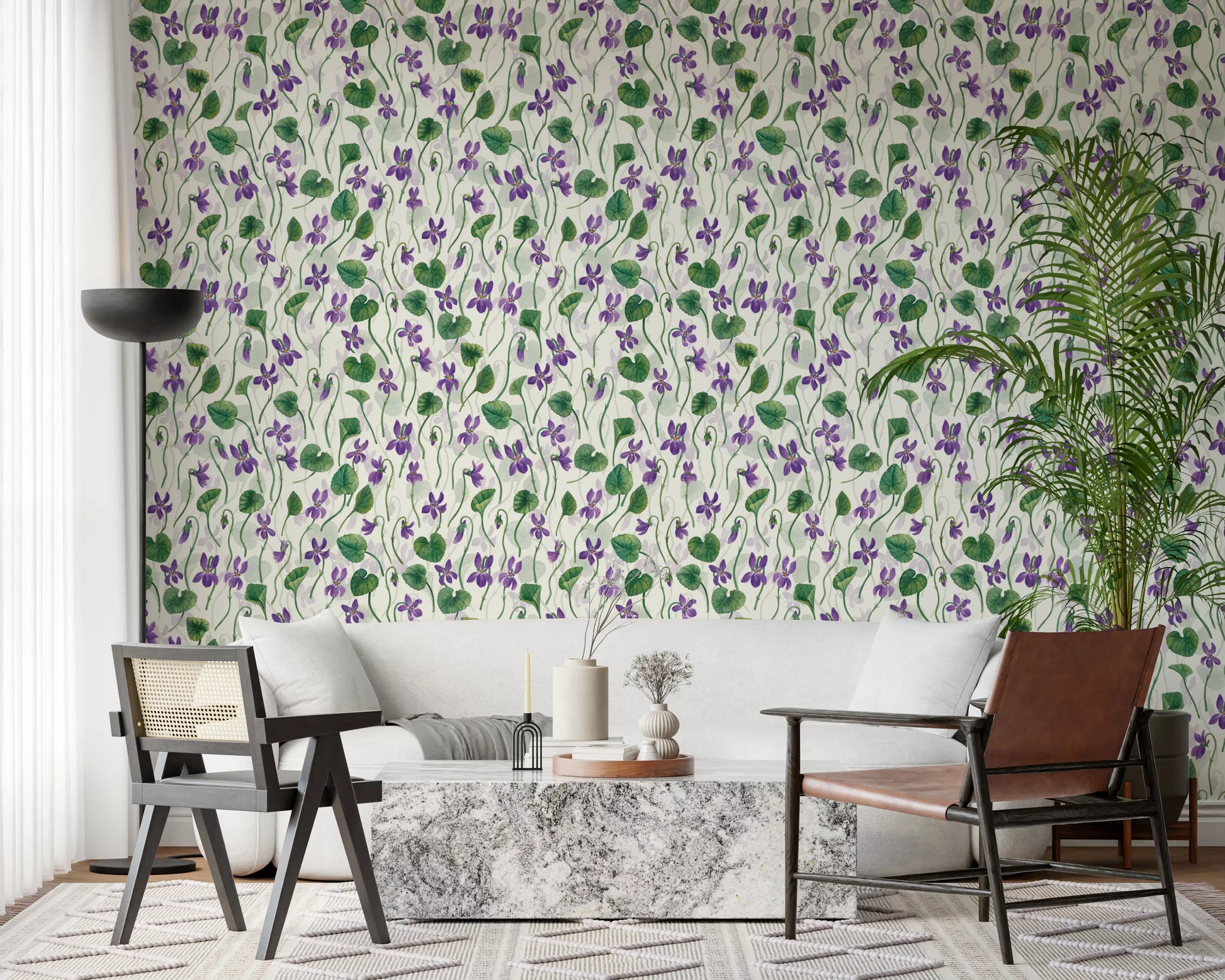 Minimal botanical wallpaper with watercolor violets and soft neutral base