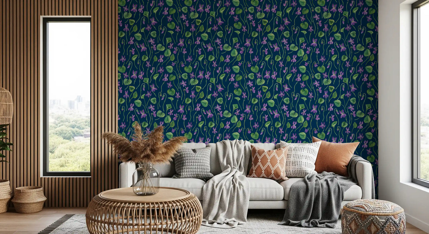 Botanical floral wallpaper with violet blossoms and navy blue background