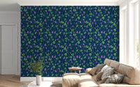 Living room decor with watercolor violets wallpaper and deep blue background