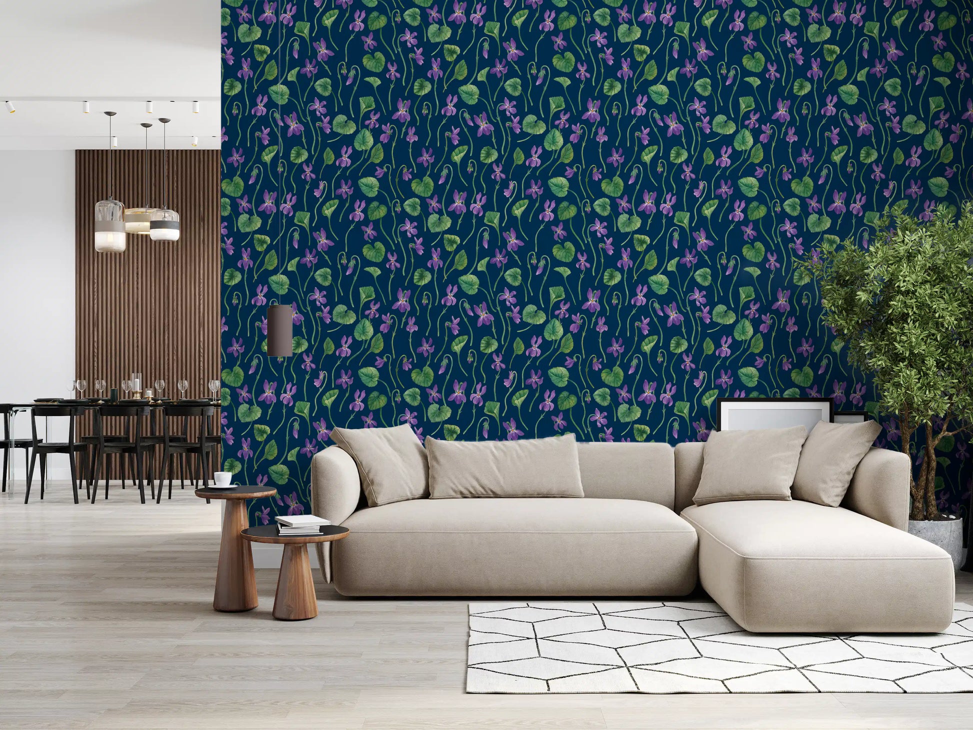 Living room design using watercolor flower wallpaper with violet blooms pattern
