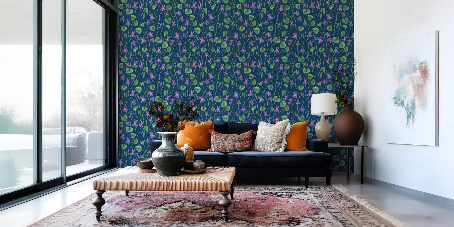 Artistic floral wallpaper with violet blooms and deep blue base