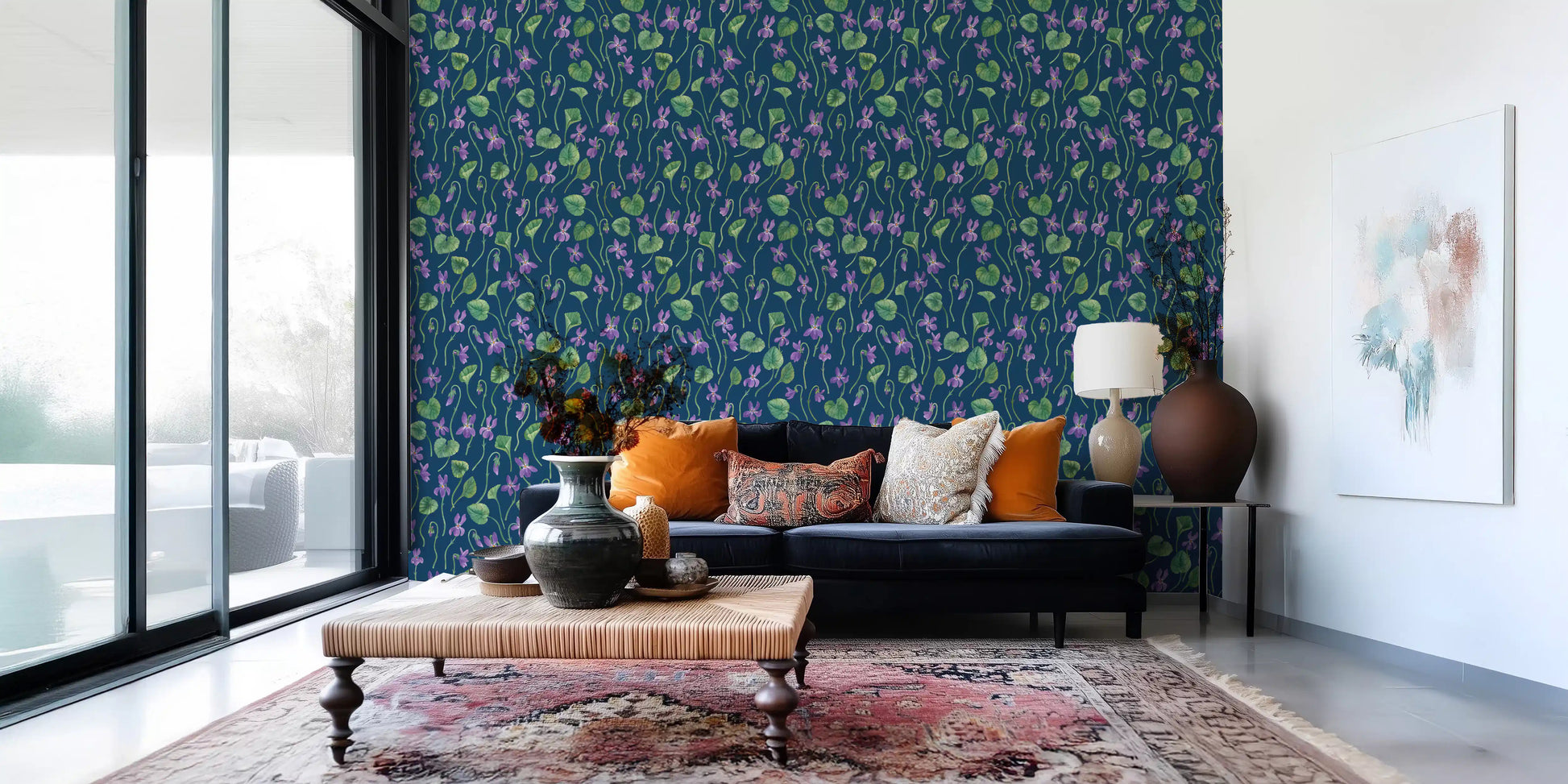Artistic floral wallpaper with violet blooms and deep blue base