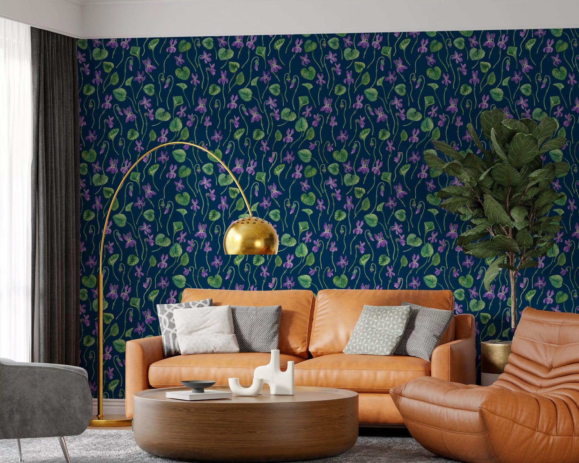 Office area setup with botanical violet wallpaper and dark blue backdrop