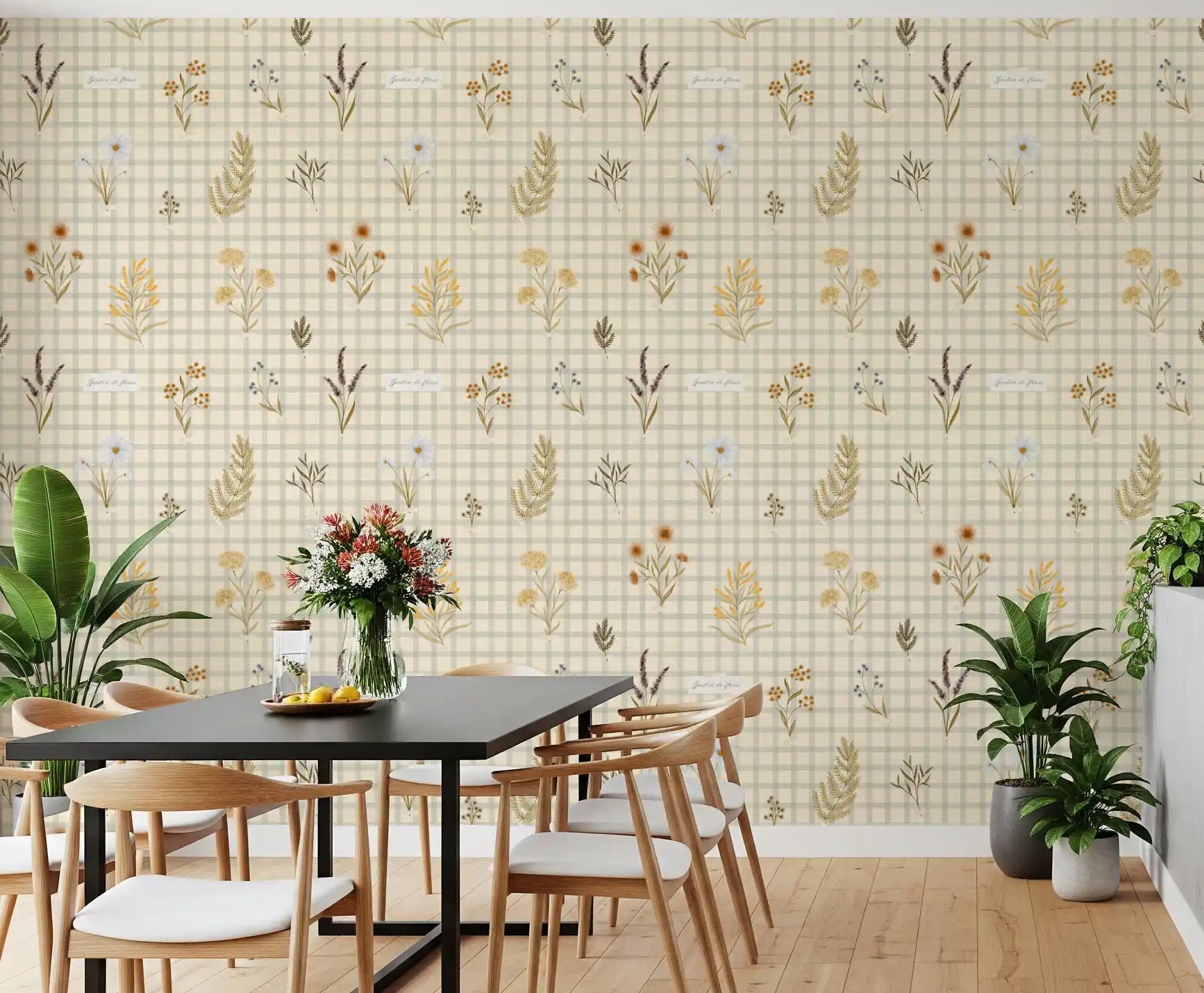 Dining area interior using botanical gingham wallpaper with neutral grid design