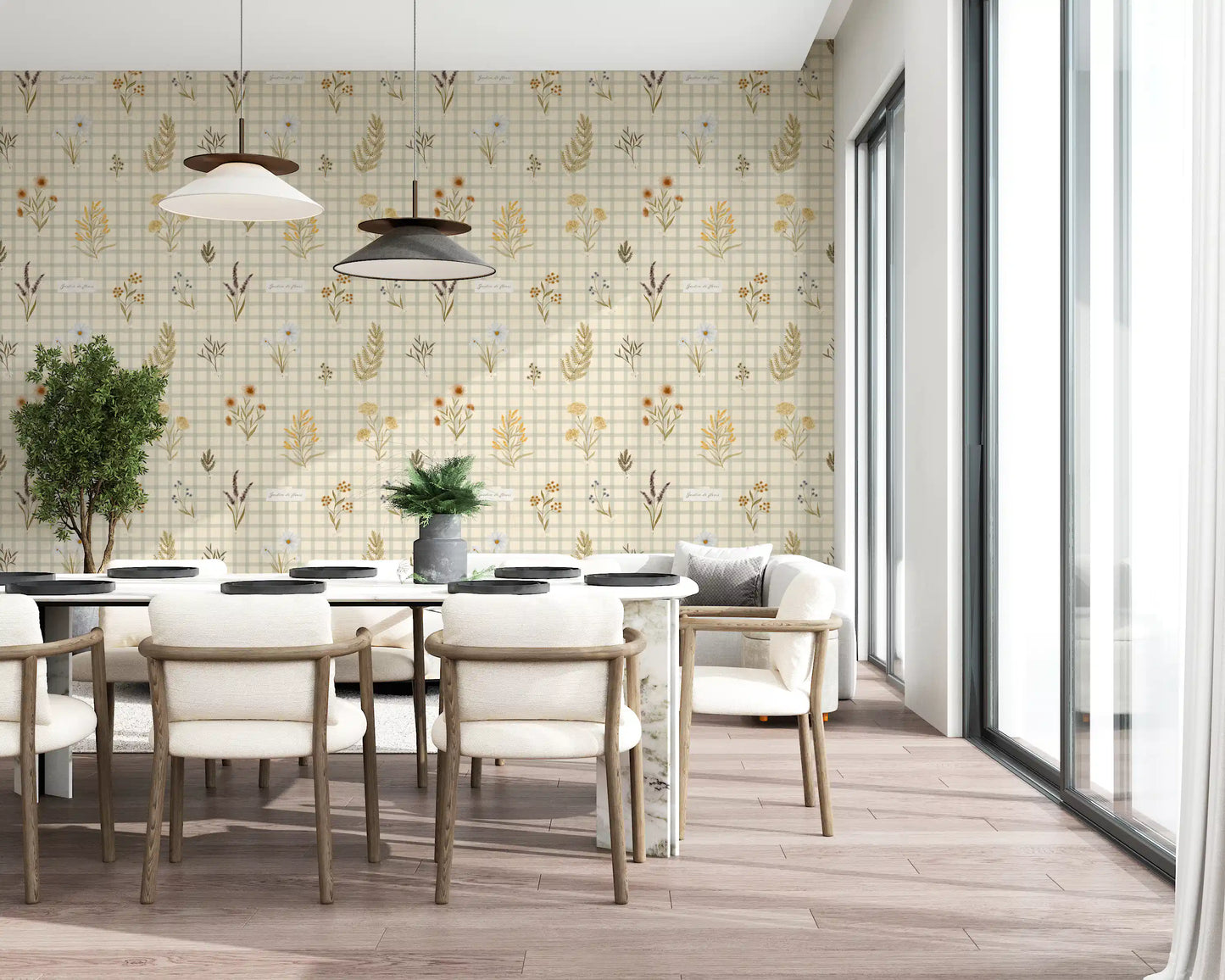 Soft wildflower wallpaper featuring gingham checks and pastel flowers
