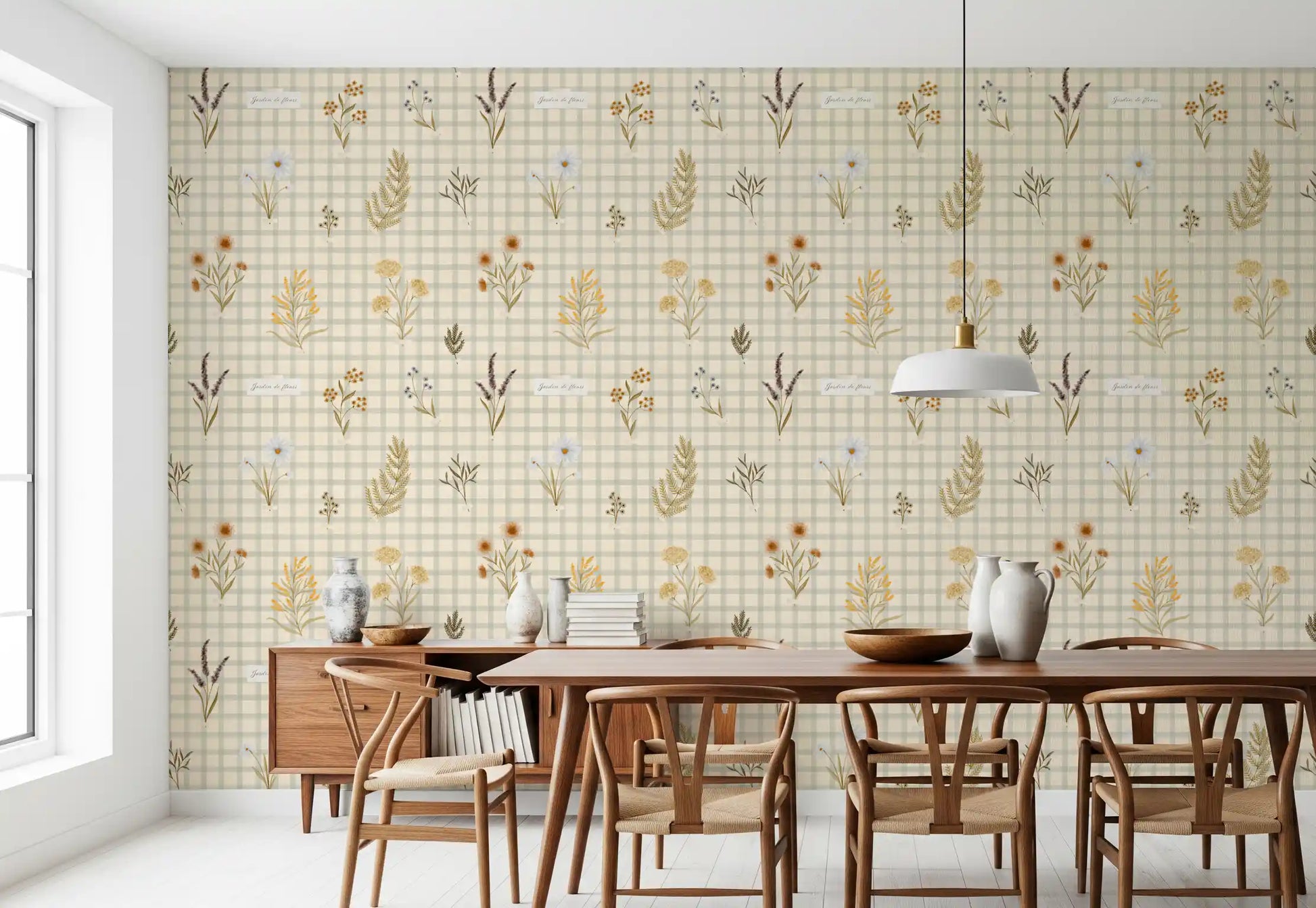 Dining room setup with wildflower wallpaper on soft gingham background