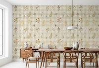Dining room setup with wildflower wallpaper on soft gingham background
