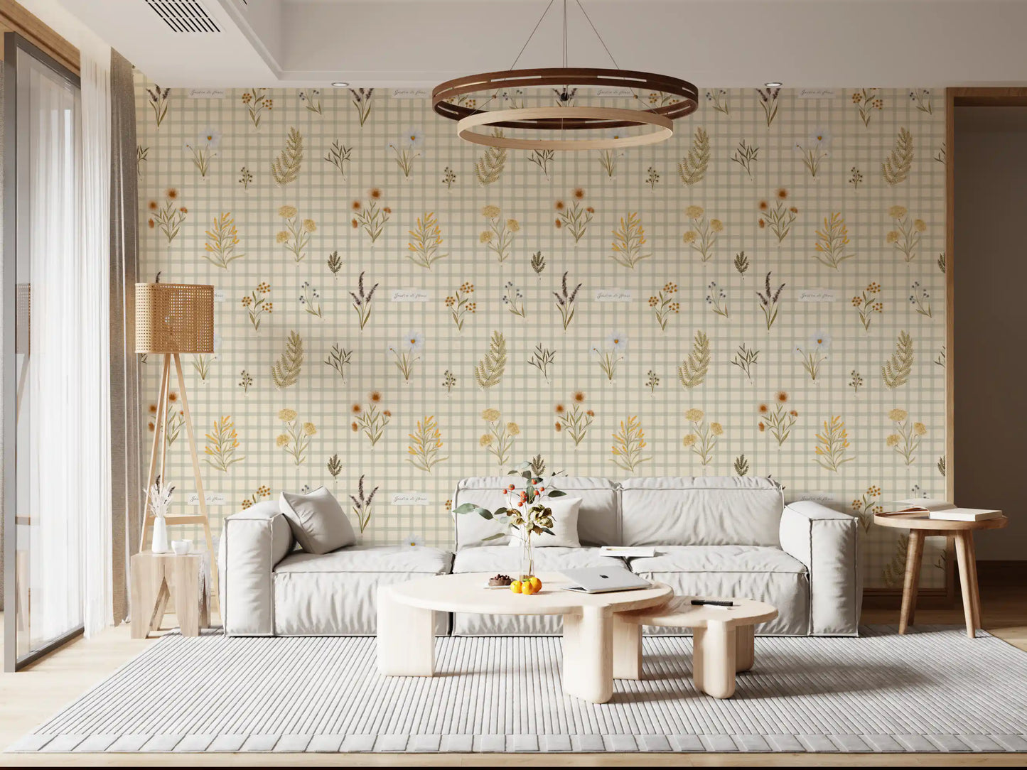 Hallway styled floral gingham wallpaper with pastel wildflower details