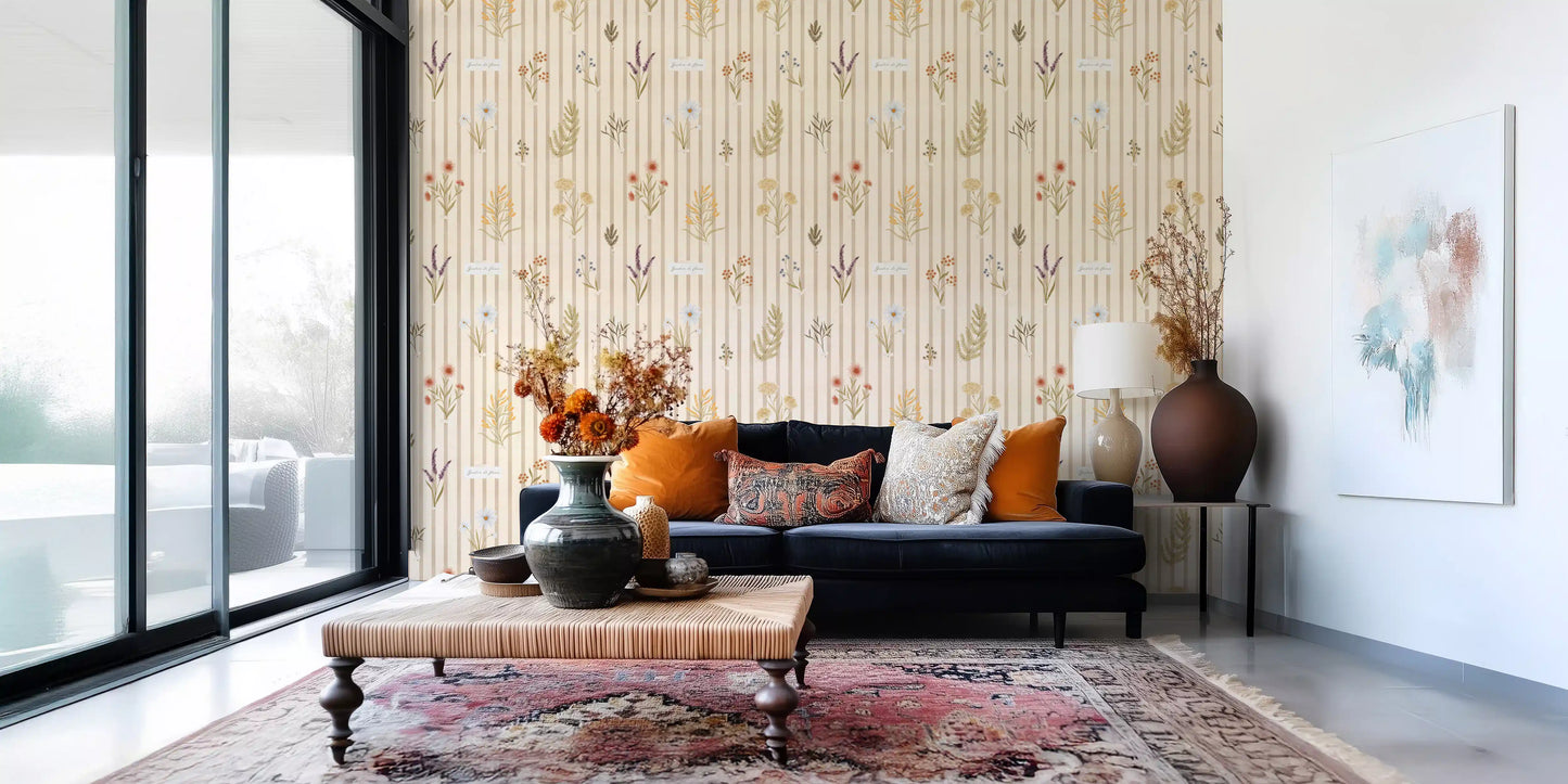 Floral stripe wallpaper featuring delicate wildflowers and muted palette