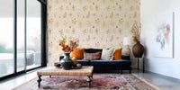 Floral stripe wallpaper featuring delicate wildflowers and muted palette