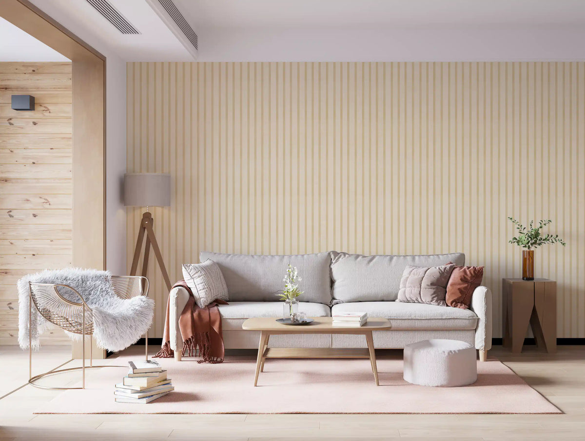 Vintage striped wallpaper in beige and cream with subtle fabric effect