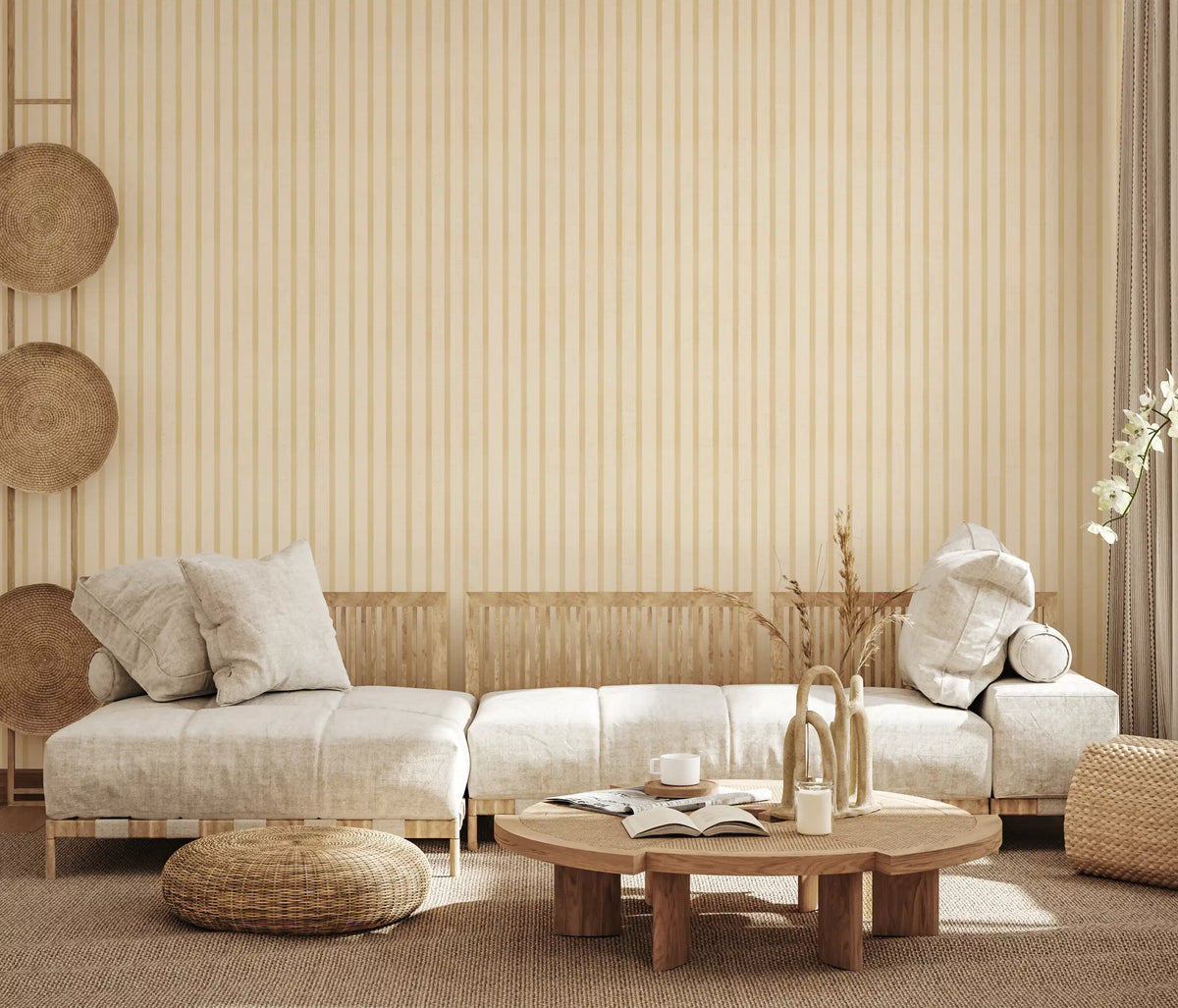 Hallway decor using muted candy stripe wallpaper in beige tones