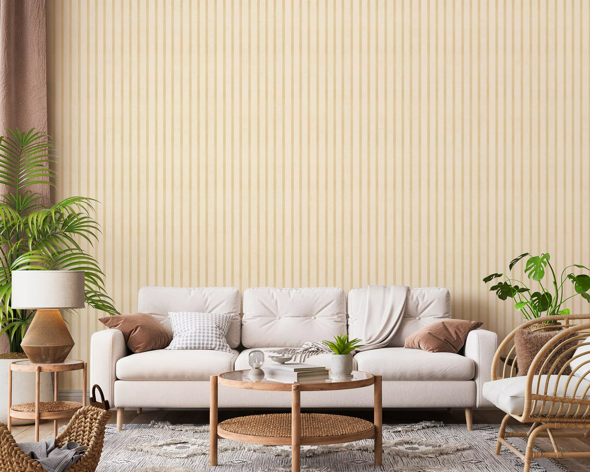 Classic vertical stripe wallpaper with neutral tones and soft texture