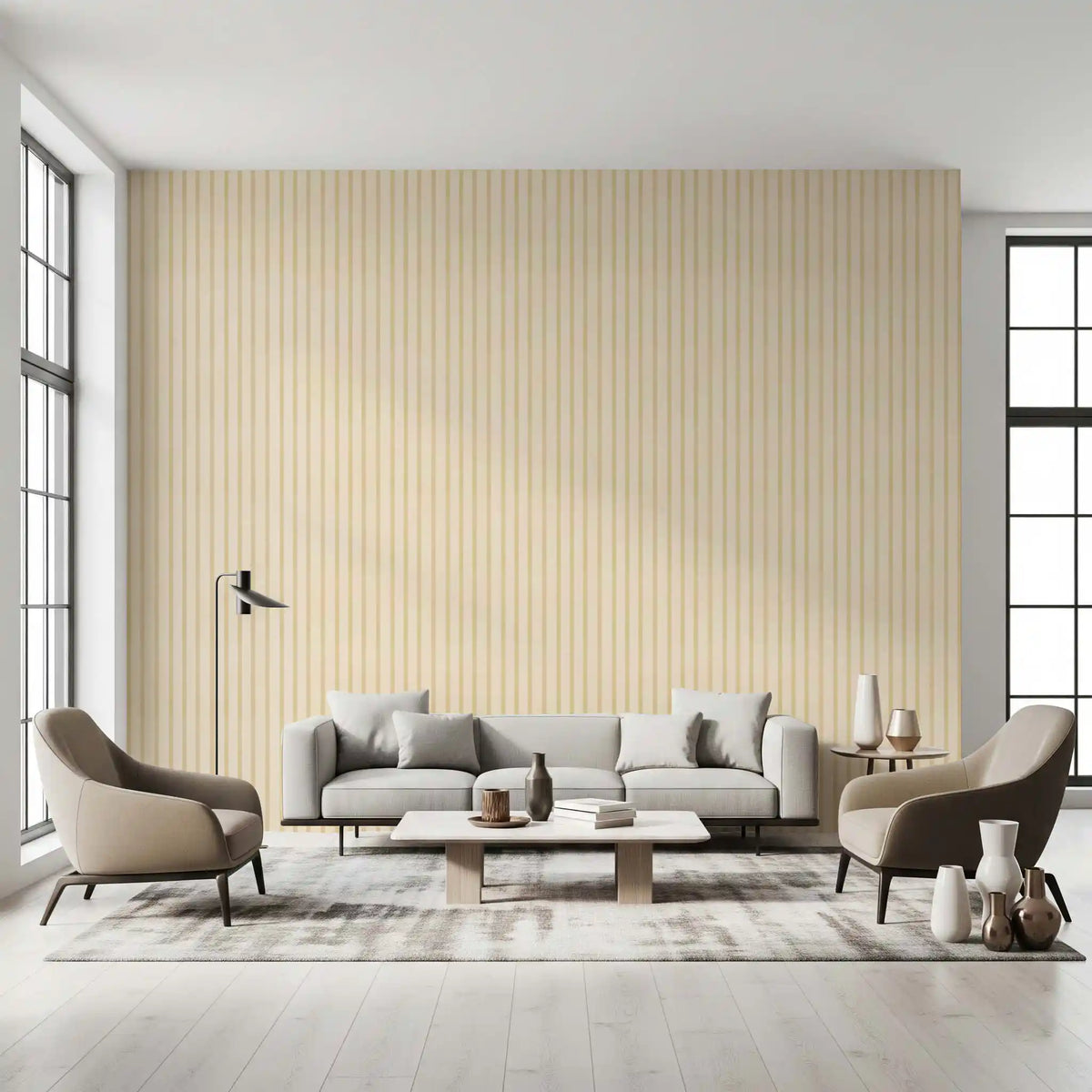 Neutral candy stripe wallpaper with vertical lines and soft canvas texture